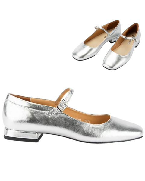 Silver leather ballerinas with buckle closure