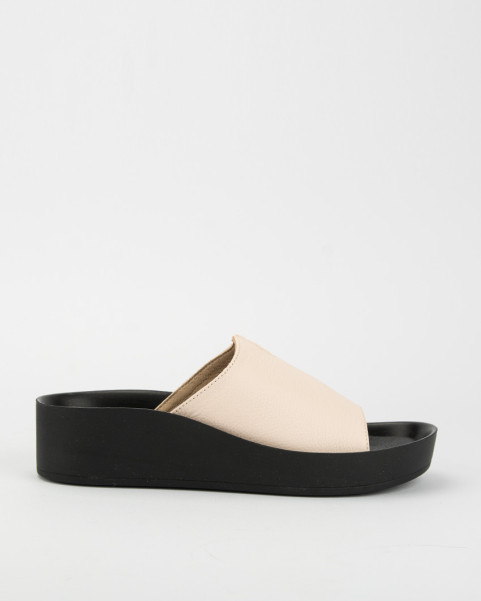 Beige leather flip-flops on black sole