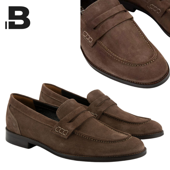 Mokasyny męskie ciemny brąz, skóra welurowa