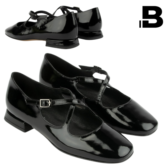 Black lacquered Leah ballerinas with straps