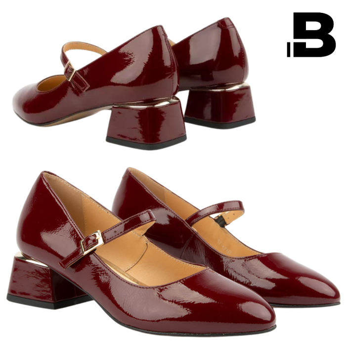 Women's burgundy Mary pumps on heel, patent leather