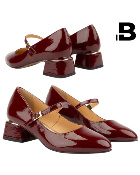 Women's burgundy Mary pumps on heel, patent leather