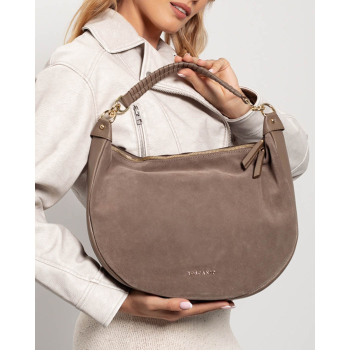 Suede handbag , brown natural leather
