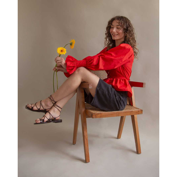 Sznurowane sandały damskie AZA, brązowe skórzane