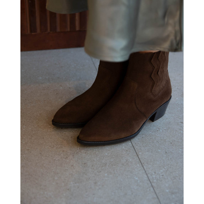 Brown velour cowboy boots with low heel