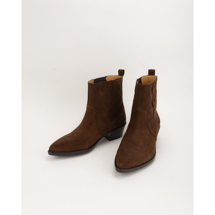 Brown velour cowboy boots with low heel